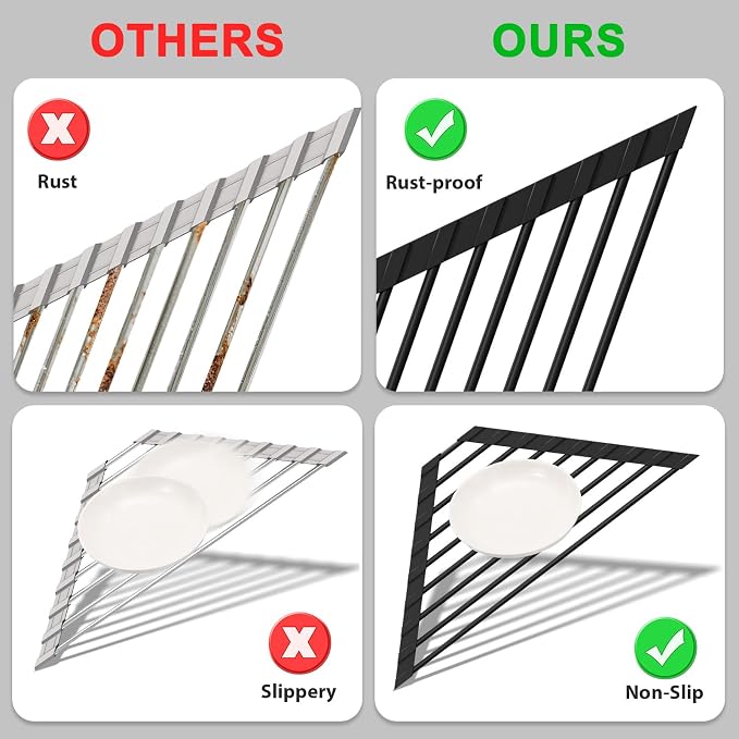 HANZENMA Triangular Sink Rack, Multi-Functional Rack Above the countertop, Foldable Sink Drying mat, Heat-Resistant, Non-Slip, and Rust-Proof Dish Rack (Black) - Image 5
