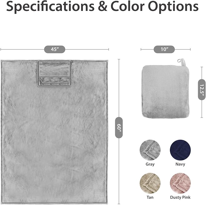 DEZ FURNISHINGS 4-in-1 Self-Storing Travel Blanket & Pillow, Soft Fleece Airplane Blanket with Luggage Sleeve & Backpack Clip, 60" x 45", Gray - Image 3