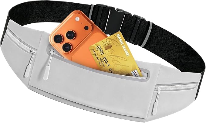 Slim Running Belt for Women Men,Phone Holder Waist Pack,Runners Fanny Pack | No-Bounce,Sweat-Proof Pocket,Travel Money Pouch for Gym/Hiking/Cycling,Three pocket,Two Highly Reflective Strips by Unknown