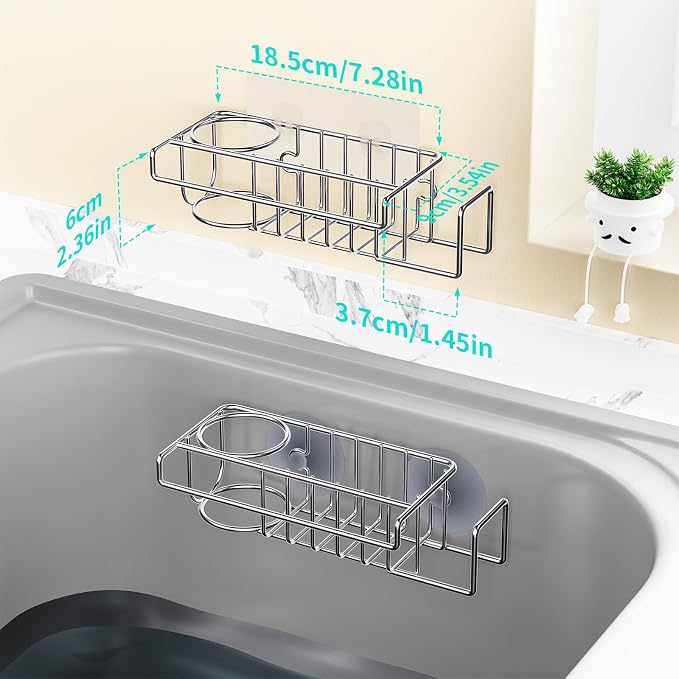 HapiRm Sink Caddy Sponge Holder - No Drill Sponge Caddy for Kitchen, Rustproof and Waterproof Kitchen Sink Organizer - Silver（2-Pack） - Image 6