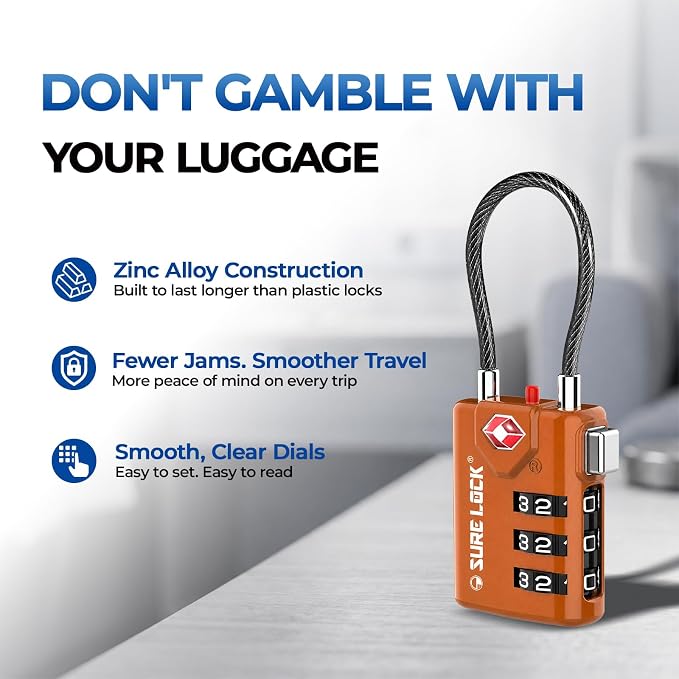 SURE LOCK TSA Approved Luggage Locks with Open Alert Indicator, 3 Digit Combination Cable Travel Lock for Suitcase, Backpack, Gym Locker, Toolbox & Travel Bag - Image 4