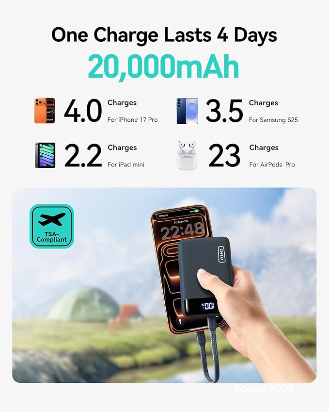 INIU Portable Charger, Smallest 20000mAh 22.5W Fast Charging Power Bank | USB-C Cable, Flight-Safe, Travel Essentials, Flashlight, Battery Pack for iPhone 17 Samsung Xiaomi Google, Mini Size, Blue - Image 2