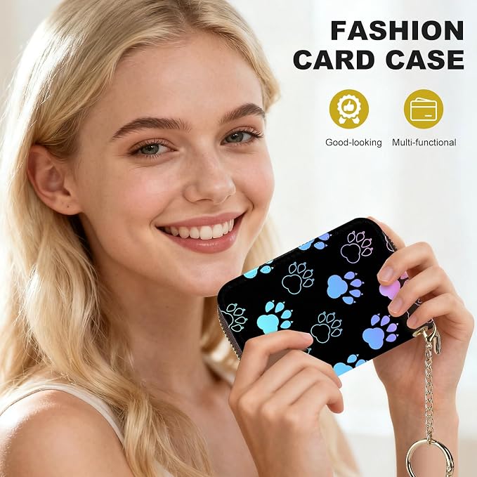 Credit Card Holder for Women,Small Rfid Wallet with Keychain Zipper,Cute PU Leather Card Case Wallet，Accordion Credit Card Wallets Gift,Colorful Paw Prints - Image 6