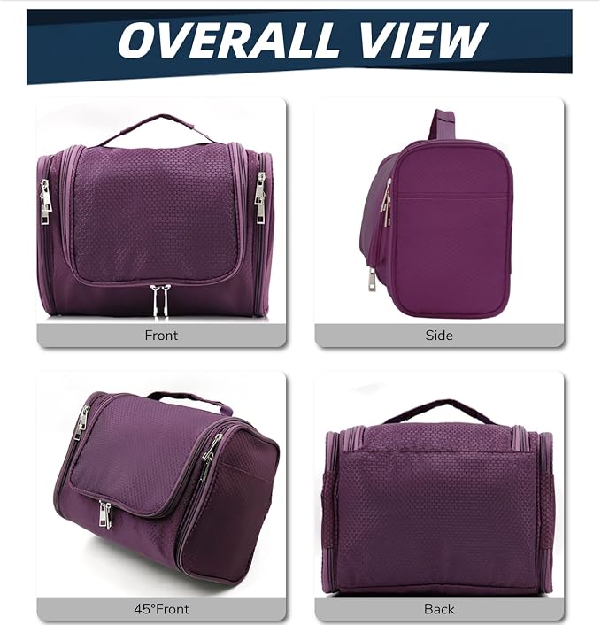 Buruis Hanging Toiletry Bag, Travel Toiletry Bag for Women and Men, Purple | Honeycomb Nylon Design, Large Capacity, Dual Zippers, Sturdy Hanging Hook, Full-Size Toiletry Storage, Cosmetic Essentials - Image 2