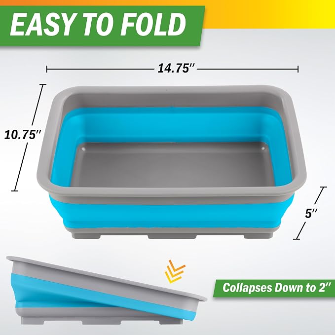 Collapsible Bucket for Cleaning 2-Pack - 7.27L Foldable Wash Bin Dish Tubs - Collapsible Wash Basin or Camping Sink Set for Beach, Tailgating or Soaking Laundry - Cleaning Supplies by Wakeman (Blue) - Image 2