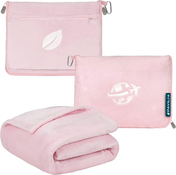 PAVILIA Travel Blanket and Pillow, Arms Opening Airplane Blankets for Adults, Compact Plane Blanket with Arm Hole 2-in-1 Bag for Flight Car Camping Fit in Luggage Backpack Traveler Gift, Pink by PAVILIA