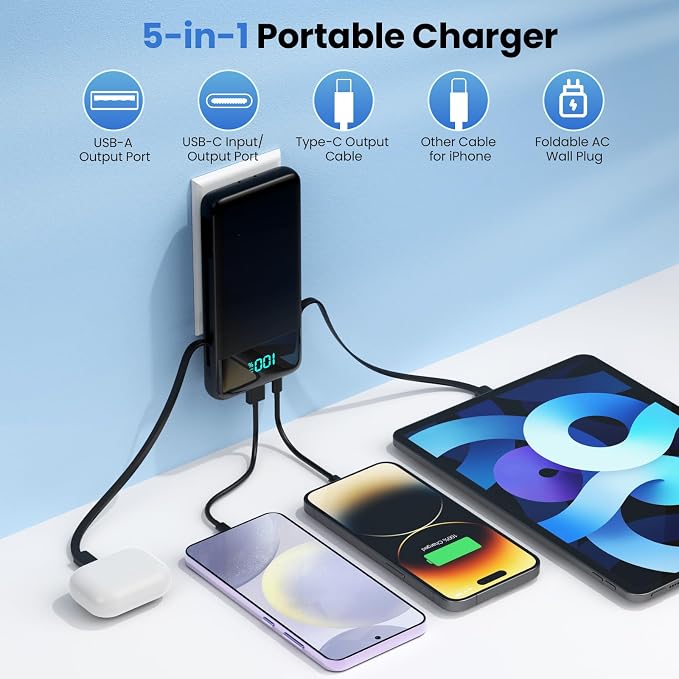 Portable Charger for iPhone with Built-in Cables and Wall Plug,Upgraded 13800mAh Fast Charging USB C Power Bank,4 Outputs Slim Travel Essential Battery Pack for iPhone 17/16/15/14/13,Galaxy,Android - Image 2