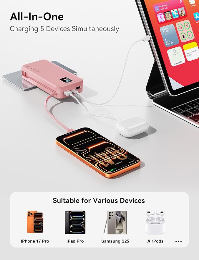 Portable Charger 20000mAh 22.5W w/Built-in Cable & Wall Plug Pink | High capacity, Fast charging, Built-in cables & wall plug, LED display, Charge 5 devices at once, Pass through, TSA approved - Image 7