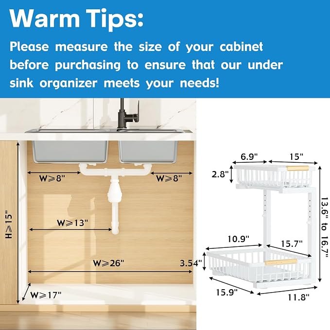 2Pcs Under Sink Organizer, Adjustable Under Sink Organizers and Storage, 2-Tier Pull Out Under Kitchen Sink Organizer, Sliding Out Metal Under Bathroom Sink Organizer for Kitchen Pantry White - Image 2