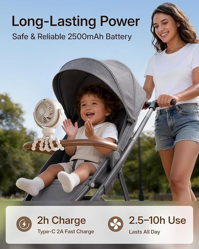 SWEETFULL Portable Stroller Fan, Pinch-Proof Baby Fan - Cream | Wide Turbine Airflow; Safe Design; LED Display; 5-Speed; 30dB Quiet; USB-C Rechargeable; Mini Clip On Fan for Car Seat & Bed - Image 4