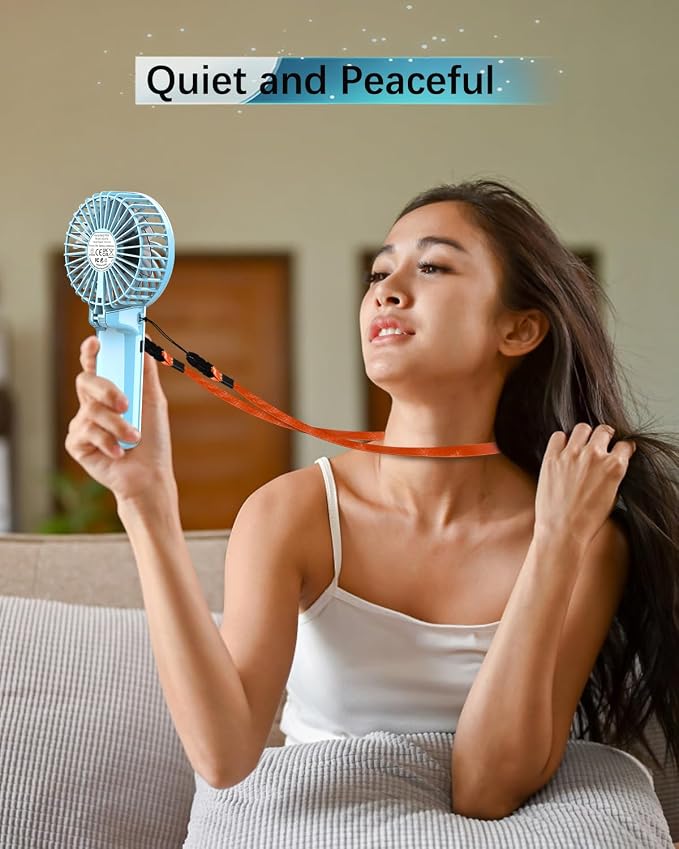 2 Pack Portable Handheld Fan, Mini Hand Held Fan, 6-15H Cooling Small Personal Fan, 180° Foldable Mini Desk Fan with 4 Quiet Speed, Neck Fan w/Lanyard for Kids Women Men Travel Office, Light Blue - Image 5