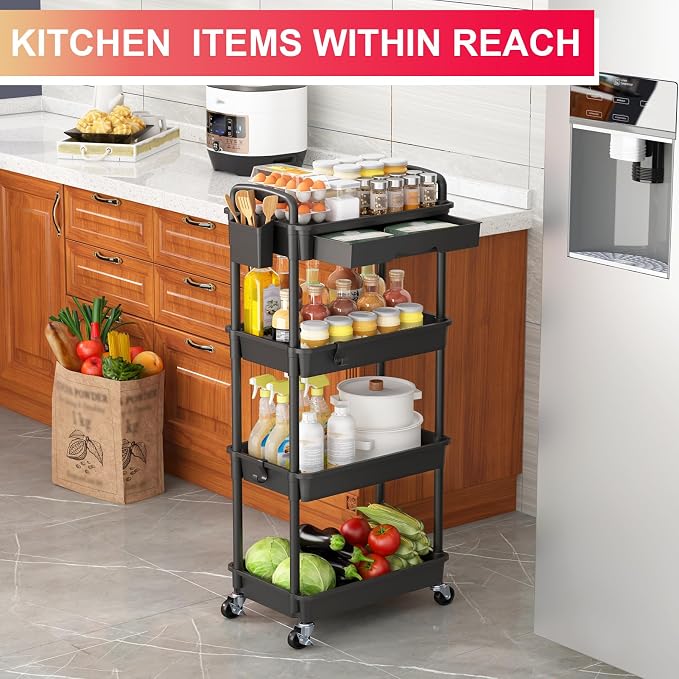 Goovilla 4 Tier Rolling Utility Cart Organizer with Removable Drawer, Black | Stable and Sturdy Rolling Storage Carts with 2 Lockable Wheels for Bathroom, Kitchen, Snack, Craft, Makeup, Baby Essentials - Image 7