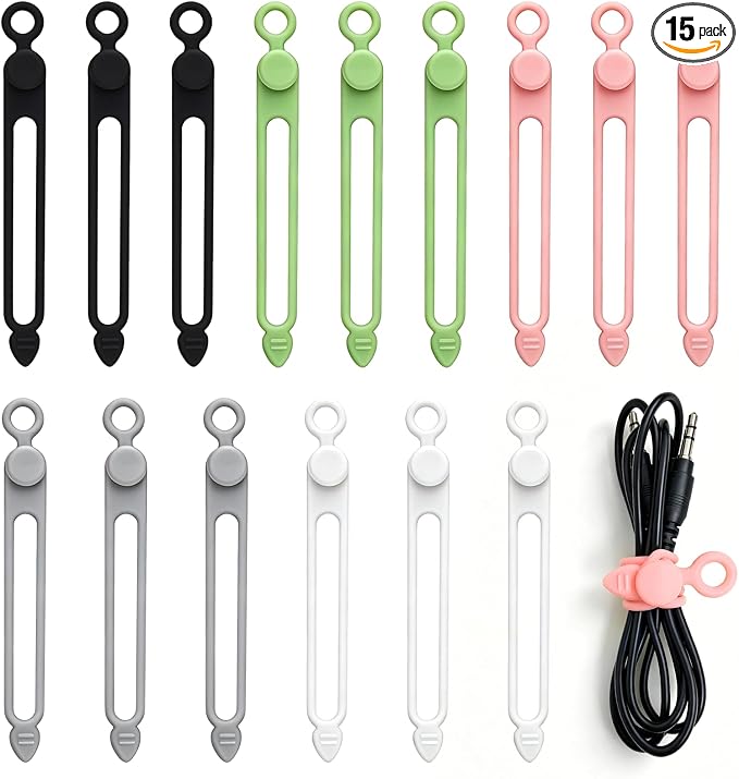 15Pcs Silicone Cable Straps Cord Organizer Silicone Cable Ties | Reusable Cord Organizer for Bundling Earphone For Reusable Cable Ties Wire Organizer in Home,Office,Kitchen,School(5 Colors) by Unknown