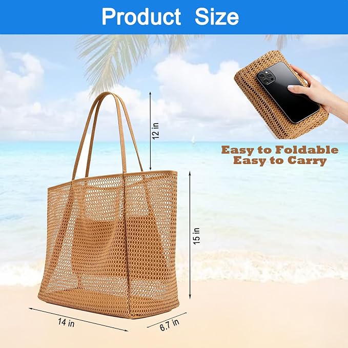 Women's Large Mesh Beach Bag Tote–Waterproof Sandproof Foldable with Zipper Pockets for Summer Travel & Vacation - Image 4
