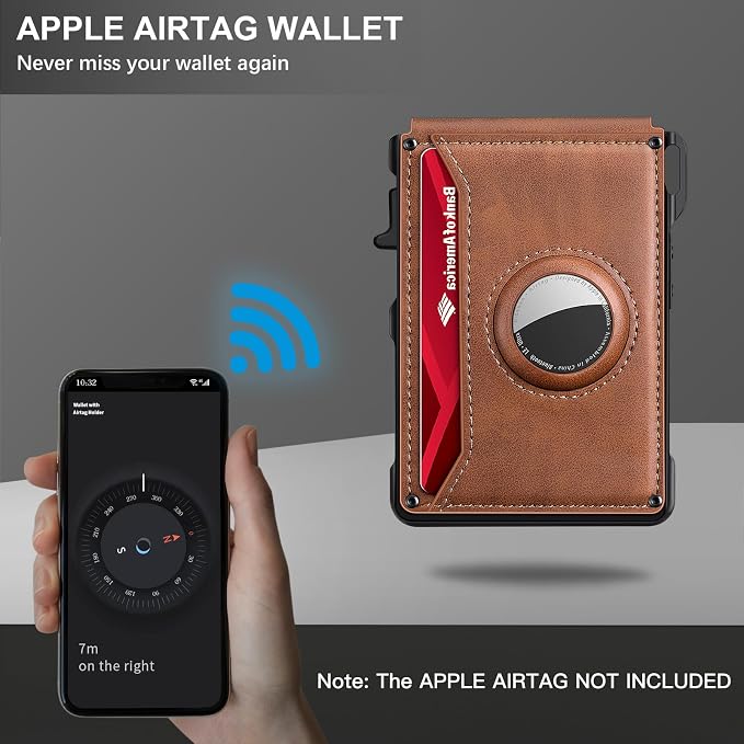 KIKVES Airtag Wallet for Men, Mens Smart Wallet for Air Tag RFID Blocking, Minimalist Bifold Pop Up Aluminum Credit Card Case Holder 12+ Cards with ID Window, Gift for Men, No Airtag Included, Brown - Image 4
