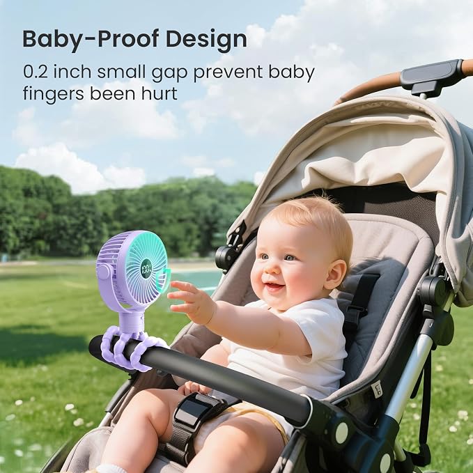 Coohea Portable Stroller Fan, 25H Long-lasting, 4 Speed, Night Light,Purple | 4000mAh Rechargeable Battery Powered Fan, Head Detachable 360° Rotate Mini Fan, Easy to Wrap for Car Seat Crib Bike Treadmill - Image 6