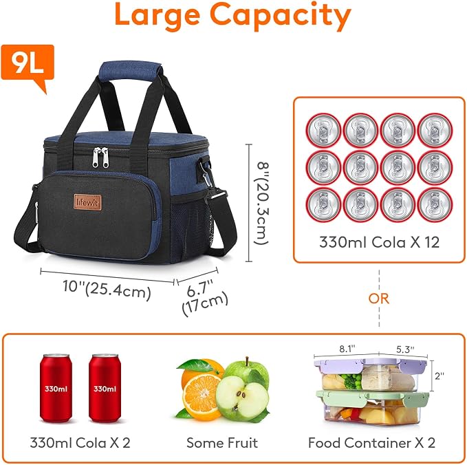 Lifewit Medium Lunch Bag, Insulated Lunch Box, Soft Cooler Cooling Tote for Adult Men Women, Black and Green 12-Can (9L) - Image 4