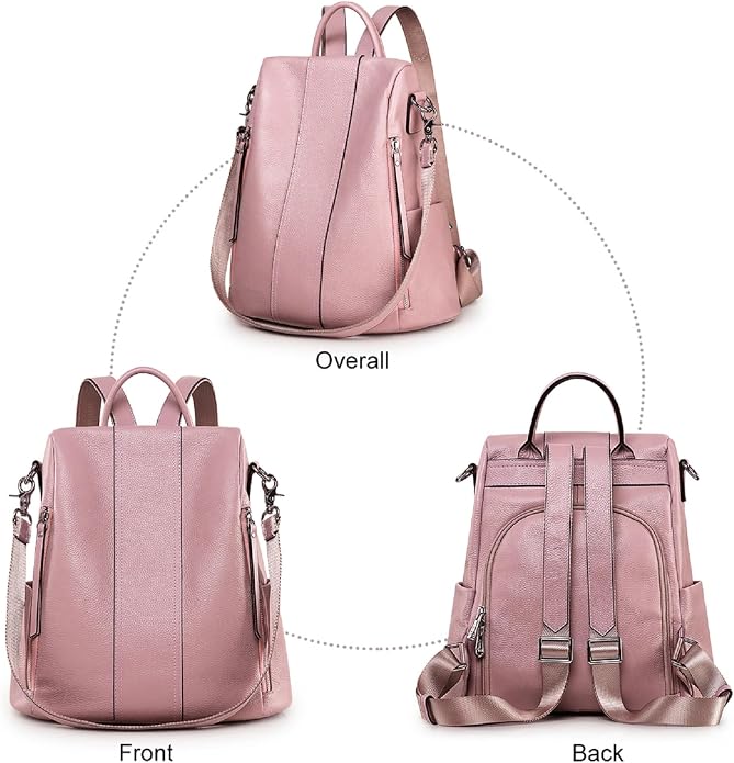 S-ZONE Leather Backpack Purses for Women Antitheft Rucksack Shoulder Bag Medium | Genuine Leather, Medium Fits 9.7-inch Tablet, for Work Travel Daily Commute, Multi Pockets, Adjustable Dual Straps - Image 6