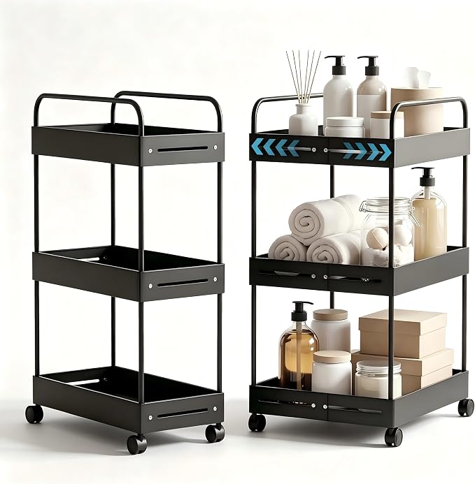 Extendable 3 Tier Heavy Duty Metal Utility Cart for Bath, Black | Adjustable Storage Slim Cart | with 360° Swivel Wheels Cart | Detachable | Perfect for Laundry, Kitchen, Office, Garage by HOFUSUSER