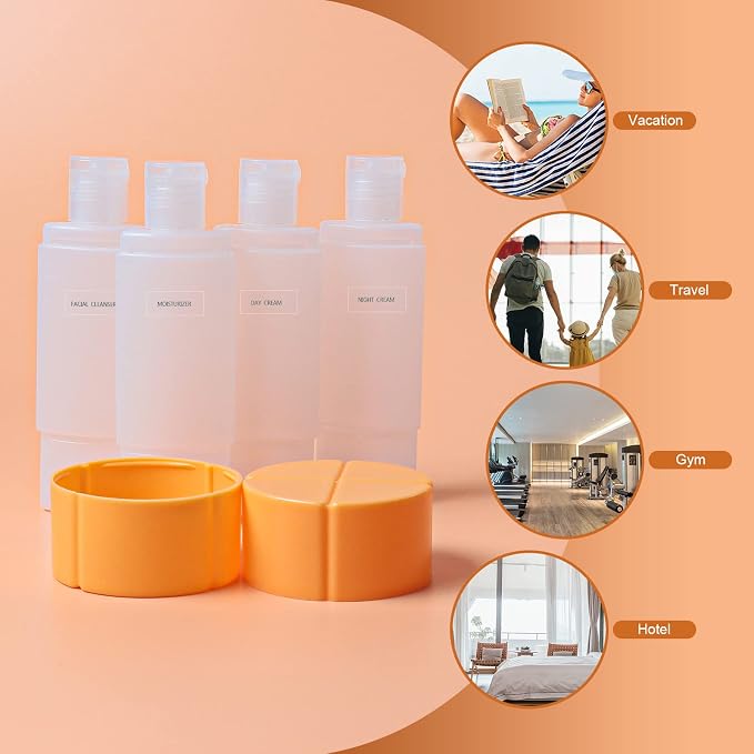 Olatay Travel Bottle, TSA approved 4-in-1 Leak-Proof Bottle, 4 * 60ml/2oz, with 2 Pre-printed Labels for Travel Gym Camping, Carry-On Travel Size Toiletries Shampoo Lotion Bottle for Women Men（Orange） - Image 6