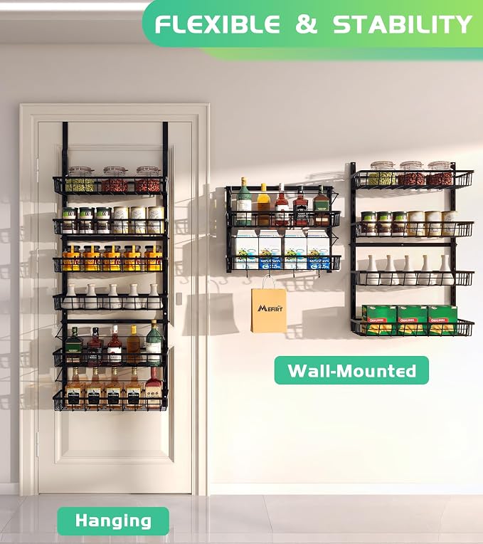 Mefirt Over The Door Pantry Organizer, Pantry Storage and Organization | 6-Tier Adjustable Hanging Baskets, Metal Wall Mount Spice Rack Seasoning Shelves for Home & Kitchen, Laundry Bathroom - Black - Image 3