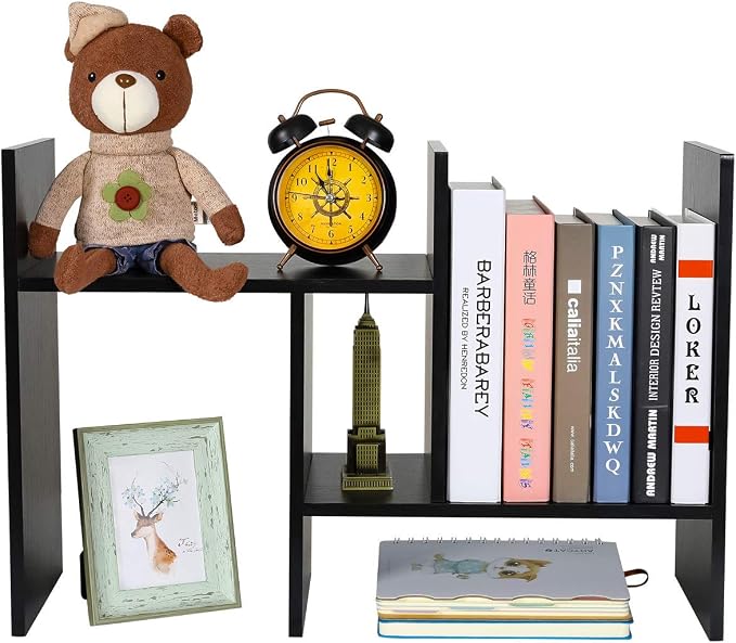 Adjustable Desktop Shelf Wood Small Bookshelf Desk Supplies Organizers and Accessories Storage Display Rack Office Decor, Black by PAG