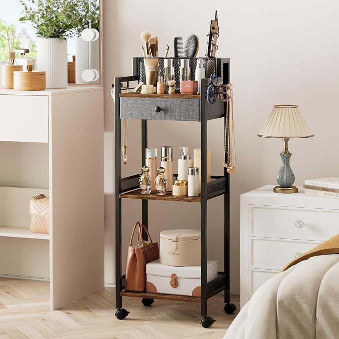 Bathroom Stand, Makeup Cart with Drawer for Cosmetic and Skincare | 3 Tier Metal Rolling Standing Unit for Bathroom, Bedroom, with Hair Organizer Storage, Vanity Storage for Women 12.8in Wide - Image 2