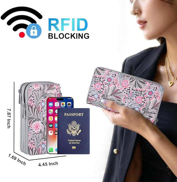 RFID Blocking Cellphone Wallet for Women with Wrist Strap, Double Zipper Travel Clutch Purse Large Capacity, Fissidens Flower - Image 2