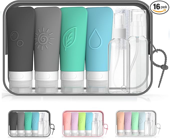 16-Piece Silicone Travel Bottles Set – TSA Approved Leakproof Toiletry Kit with Flat Easy-Squeeze Bottles, Pump & Spray, Waterproof Bag | 16-Piece Silicone Bottles Set,TSA Approved Leakproof,Easy-Squeeze Bottles,Come with Pump,Spray bottles and Waterpr... by KLKE