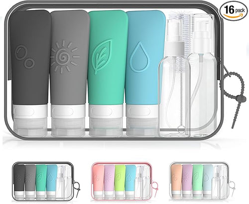 16-Piece Silicone Travel Bottles Set – TSA Approved Leakproof Toiletry Kit with Flat Easy-Squeeze Bottles, Pump & Spray, Waterproof Bag | 16-Piece Silicone Bottles Set,TSA Approved Leakproof,Easy-Squeeze Bottles,Come with Pump,Spray bottles and Waterpr... by KLKE