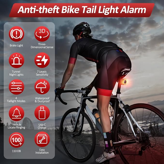 Bike Alarm with Remote, Bike Tail Light & Brake Light Auto ON/Off USB-C Rechargeable, 110dB Bicycle Alarm System Anti Theft Vibration Motion Sensor for Bike, Ebike, Scooter, IP65 Waterproof - Image 2