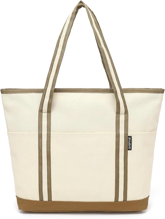 Large Canvas Tote Bag for Women, Beach Bag with Zipper, Utility Tote Bag with 3 Front Pockets, Weekender Pool Bag by CanvasToteBag