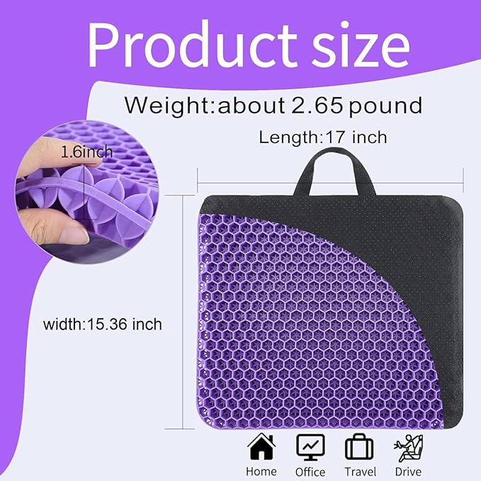Gel Seat Cushion, for Long Sitting -Double Thick Gel Seat Cushion Breathable Honeycomb Chair Cushion with Non-Slip Cover for Office Chair Car, Wheelchair, Long Trips,Relief Sciatica Pain - Image 2