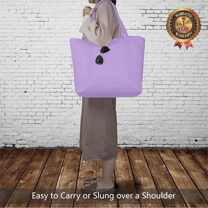 TOPDesign 3-Pack Canvas Tote Bags with an External Pocket, Reusable Grocery Shopping Bags, Top Zipper Closure, Daily Essentials (Lavender) - Image 2
