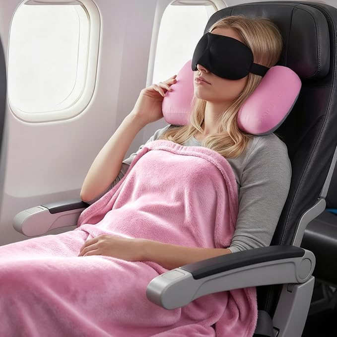 urnexttour 4-in-1 Travel Pillow & Blanket Set with Eye Mask, Memory Foam Neck Support, 50x65 Inch Blanket, Storage Bag for Airplane, Car, Train, Home Travel Pink - Image 6