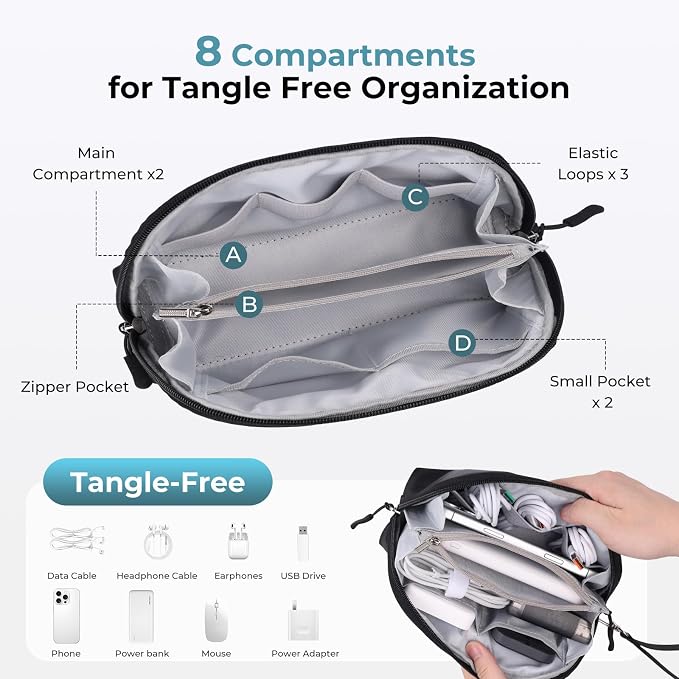 FYY Travel Cable Organizer - 8 Compartments, Lightweight, Water Repellent | With Wrist Strap, Portable Tech Pouch for Cord Charger, Travel and Business Trips Use, Soft Shell Nylon, Black (Small) - Image 4