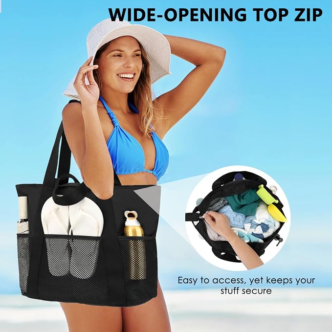 Fammart Mesh Beach Bag for Women, Large Beach Toy Pool Bag with Zipper Pocket, SandProof Cruise Essentials 2026 Family Travel - Image 6