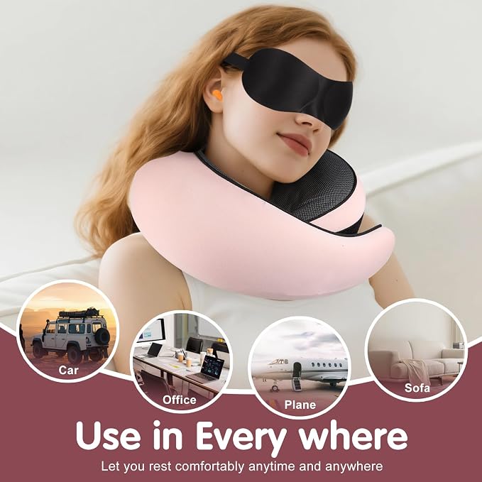 Travel Neck Pillow, Memory Foam Neck Support for Airplane, Car & Office, Breathable Portable Design with Eye Mask, Earplug Holder & Carry Bag, Gift for Women - Image 3