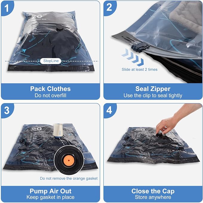 12 Pack Vacuum Bags for Travel with Pump for Clothing and Luggage | Rechargeable USB-C Pump, 3 Sizes, Space Saver Compression Bags for Suitcase, Carry-on, Flight and Closet Storage - Image 7