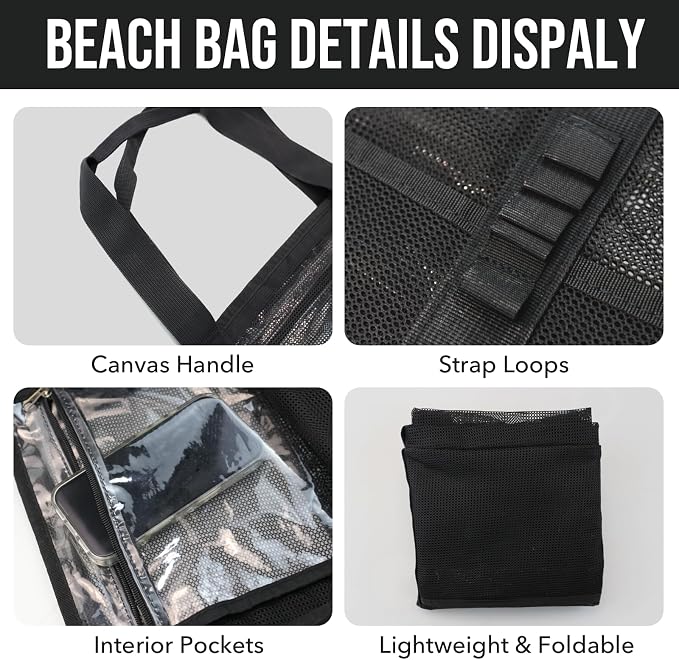 Large Mesh Beach Tote Bag, 9-Pocket Foldable Summer Vacation Beach Bag for Travel, Pool, Gym, Cruise - Image 6