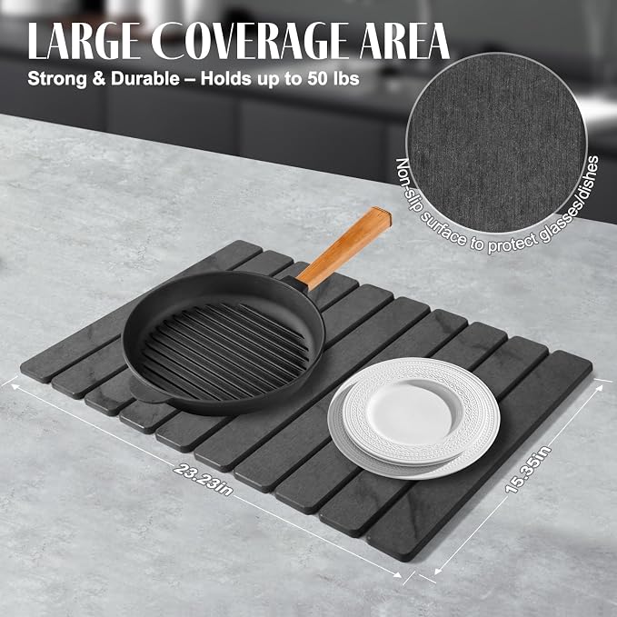 2 PCS Large Stone Dish Drying Mat for Kitchen Counter, 24"×16" Marble Dish Drying Mat with 8"x 4" Coasters, Non - Slip Collapsible Absorbent Mat for Multi - Purpose, Match Any Countertop - Grey - Image 4