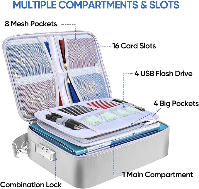 BALEINE Fireproof Document Box with Lock, Portable Fireproof Document Bag Waterproof Fire Proof File Boxes for Documents, File Organizer Box for Important Paperwork (Silver, 15''x11''x4'') - Image 2