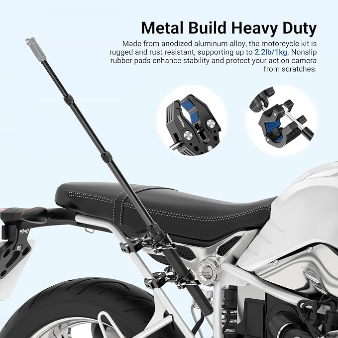 NEEWER Motorcycle Mount Accessories Kit Compatible with GoPro Insta360 DJI, Bike Tail Handlebar Invisible Selfie Stick Double Clamp Holder with Action Camera Adapter for POV Video Recording, GP-30 - Image 6