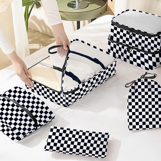 KPX 8 Set Packing Cubes for Travel, Luggage Packing Organizers Accessories Large Toiletries Bag for Clothes Shoes Cosmetics (8Set-Black Checkered) - Image 6