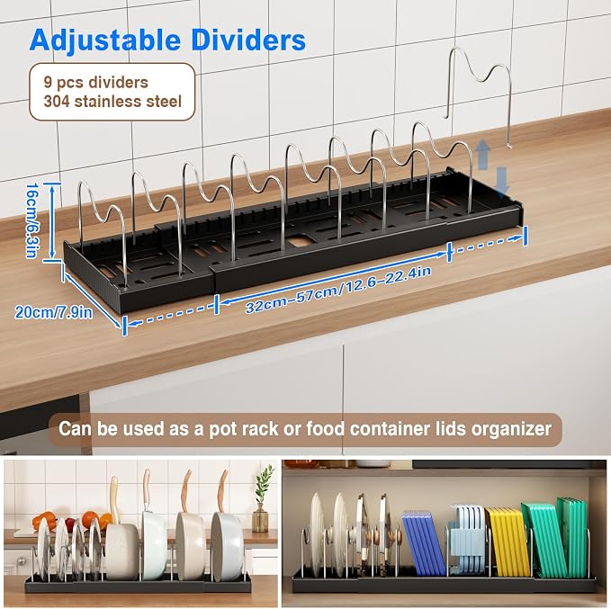 Mustorn 2 Pack Pots and Pans Organizer under Cabinet, 22" Expandable Food Storage Container Lid Organizer with 9 Adjustable Stainless Steel Dividers, ABS Base, Countertop Rack, Black - Image 2