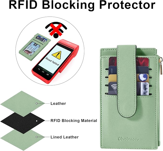 Chelmon Women's RFID Slim Card Holder Wallet | Thin Bifold Multi Card Case with Zipper Coin Pocket Purse for Women(Light Green) - Image 3