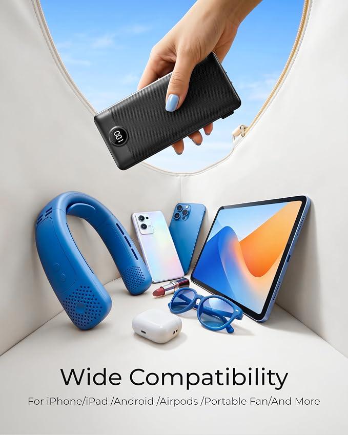 VEGER Portable Charger for iPhone, Power Bank Built in Cables and Wall Plug | 10000mAh,Ultra Slim&Compact,5 Outputs,LED Display,Flight-Safe,Travel Essentials Battery Pack for iPhone 17,iPad, Samsung,etc - Image 4
