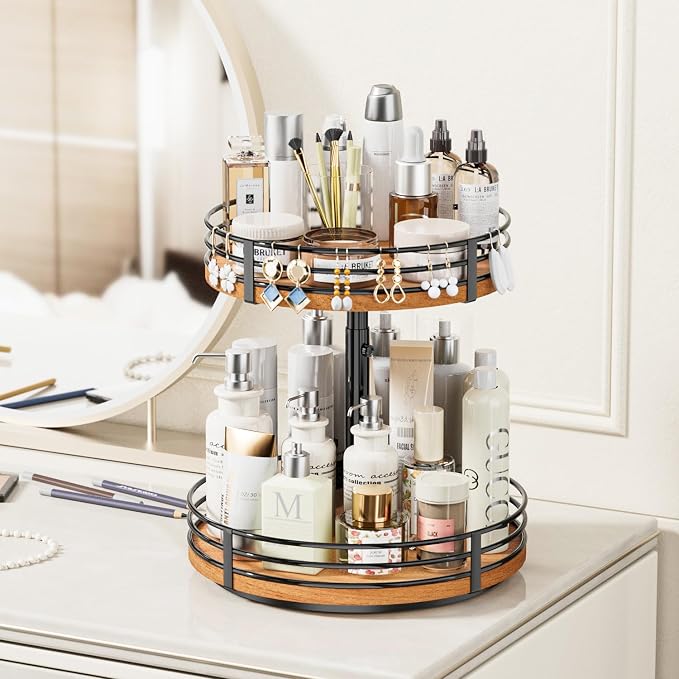 Lazy Susan Turntable Organizer Adjustable - 2 Tier Wood Rotating Spice Rack 12 Inch Lazy Susan for Kitchen Countertop Cabinet Pantry Cupboard Dining Table Bathroom Coffee Bar Home Storage - Image 5