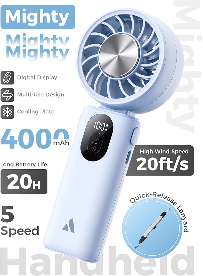 Aecooly Mighty Portable Handheld Fan with Cooling Plate | 20H Max Cooling | 3 Flexible Modes | 5 Speeds Wind | Battery Level Display | Mini Personal Battery Powered, Gifts for Women, Travel -Blue - Image 2