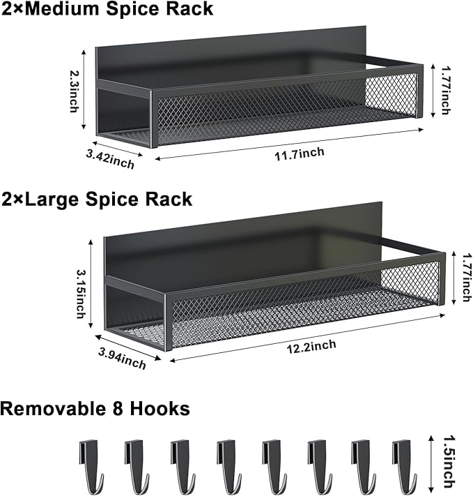 Aufworld Magnetic Spice Rack for Refrigerator, 4 Pack Magnetic Shelf, Fridge Magnet Organizer with Moveable 8 Hooks, Magnetic Fridge Shelf for Kitchen Organization and Storage (4 Pack) - Image 2